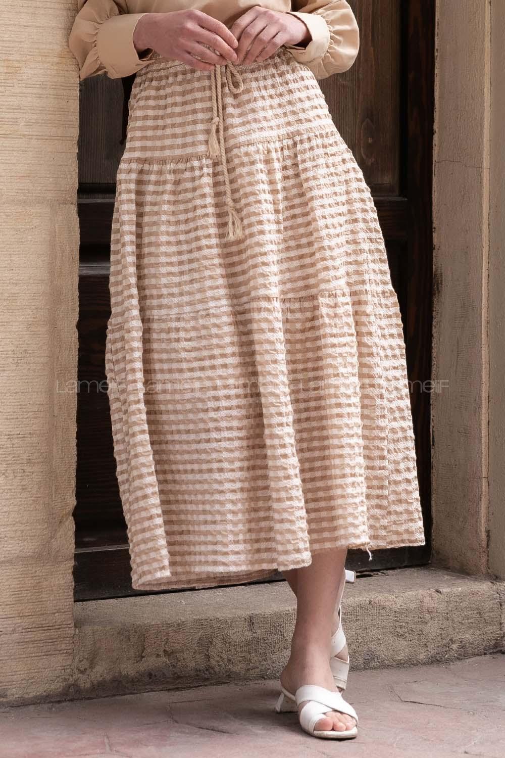 Modalamelif Beli Bağcıklı Gofre Etek Sütlü Kahve