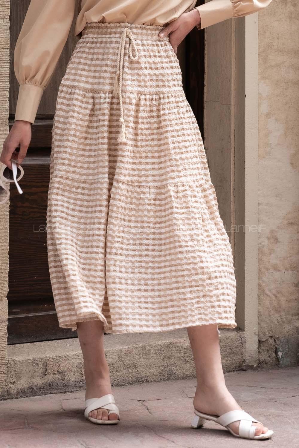 Modalamelif Beli Bağcıklı Gofre Etek Sütlü Kahve