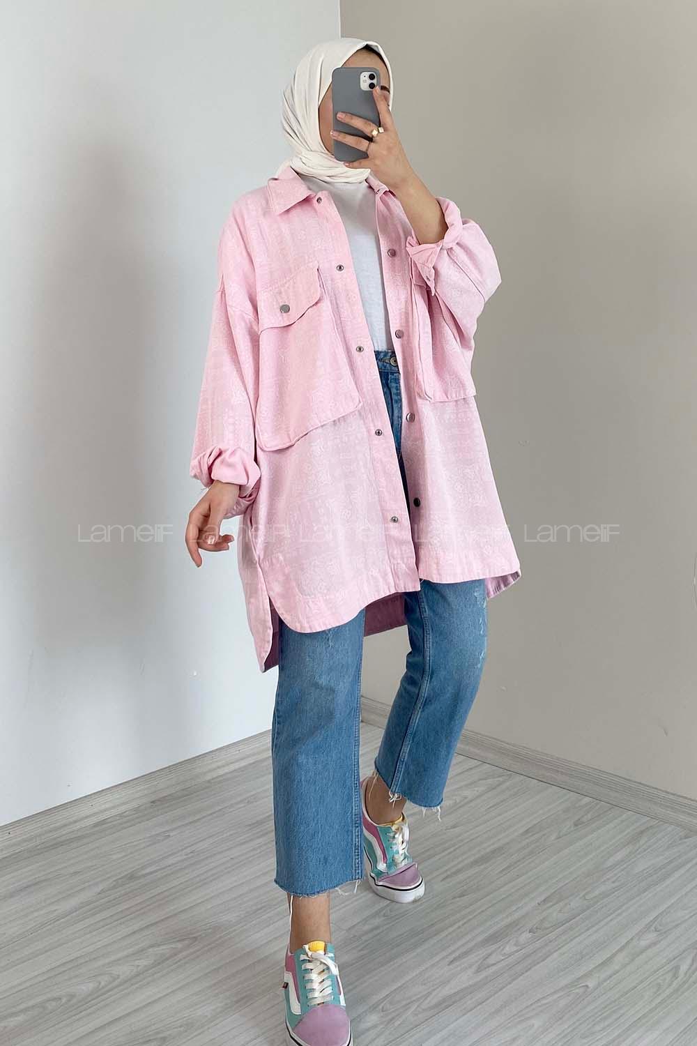 Modalamelif Bombe Cepli Desenli Ceket Pudra