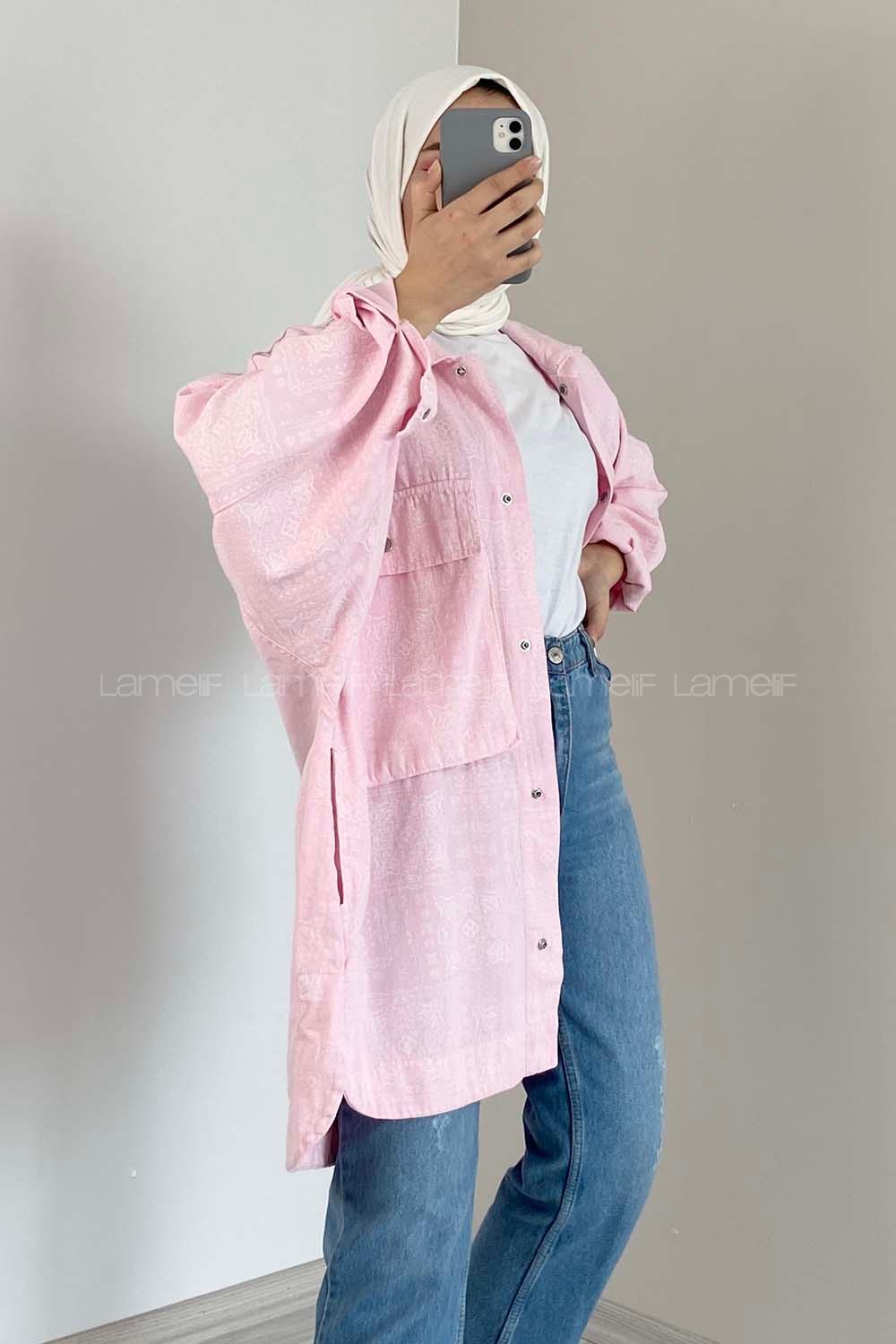 Modalamelif Bombe Cepli Desenli Ceket Pudra