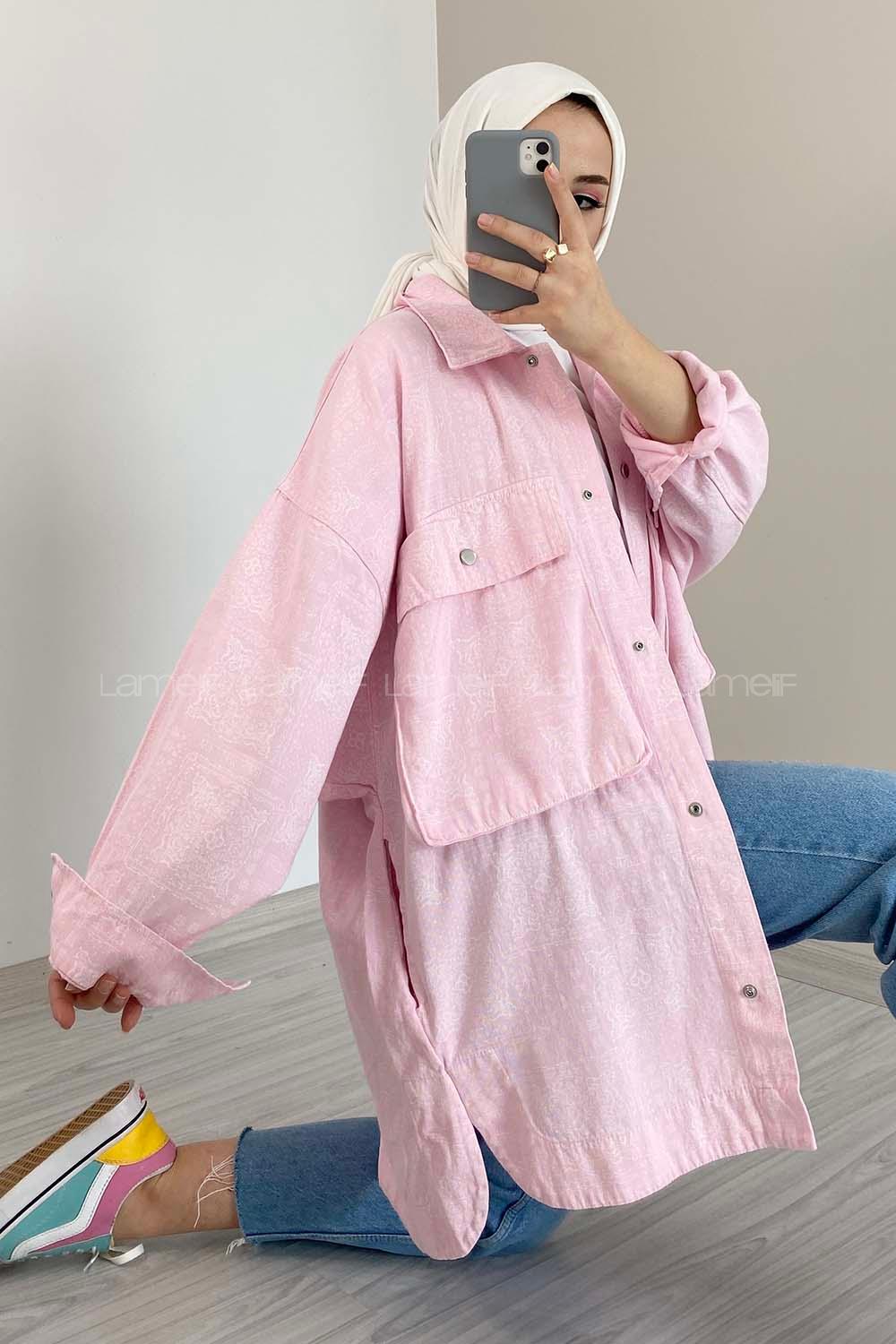 Modalamelif Bombe Cepli Desenli Ceket Pudra