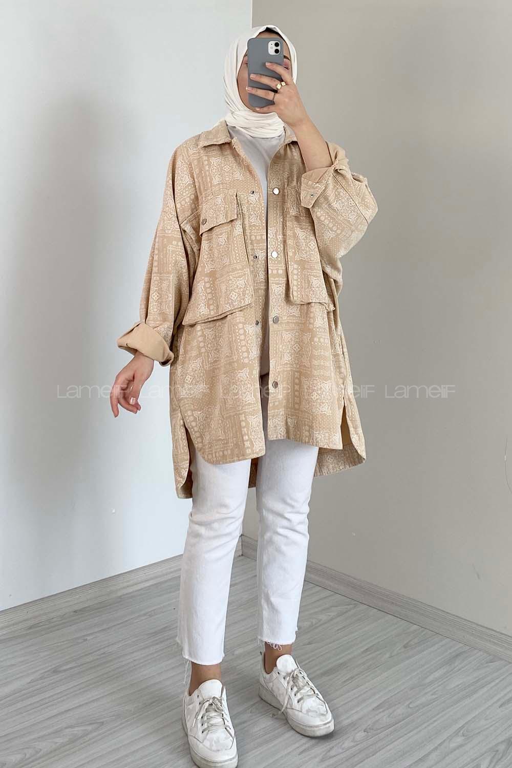 Modalamelif Bombe Cepli Desenli Ceket Sütlü Kahve