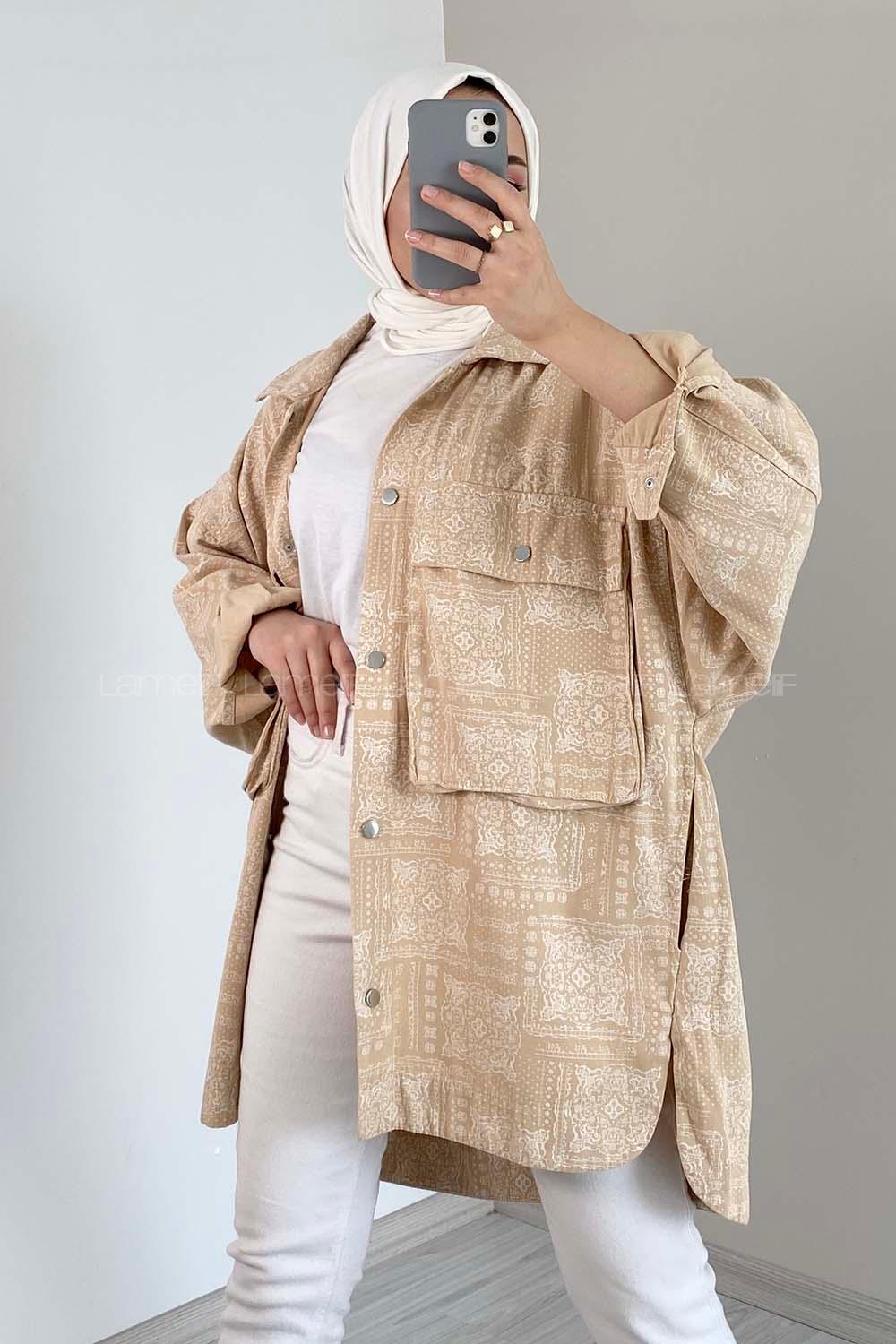 Modalamelif Bombe Cepli Desenli Ceket Sütlü Kahve