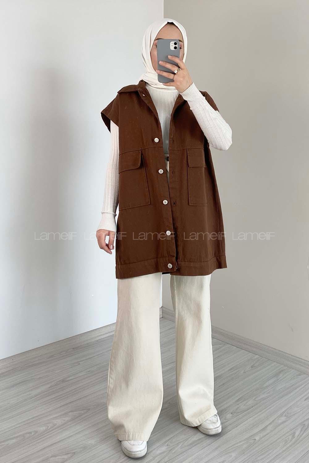 Modalamelif Çift Cepli Önü Düğmeli Yelek Acı Kahve