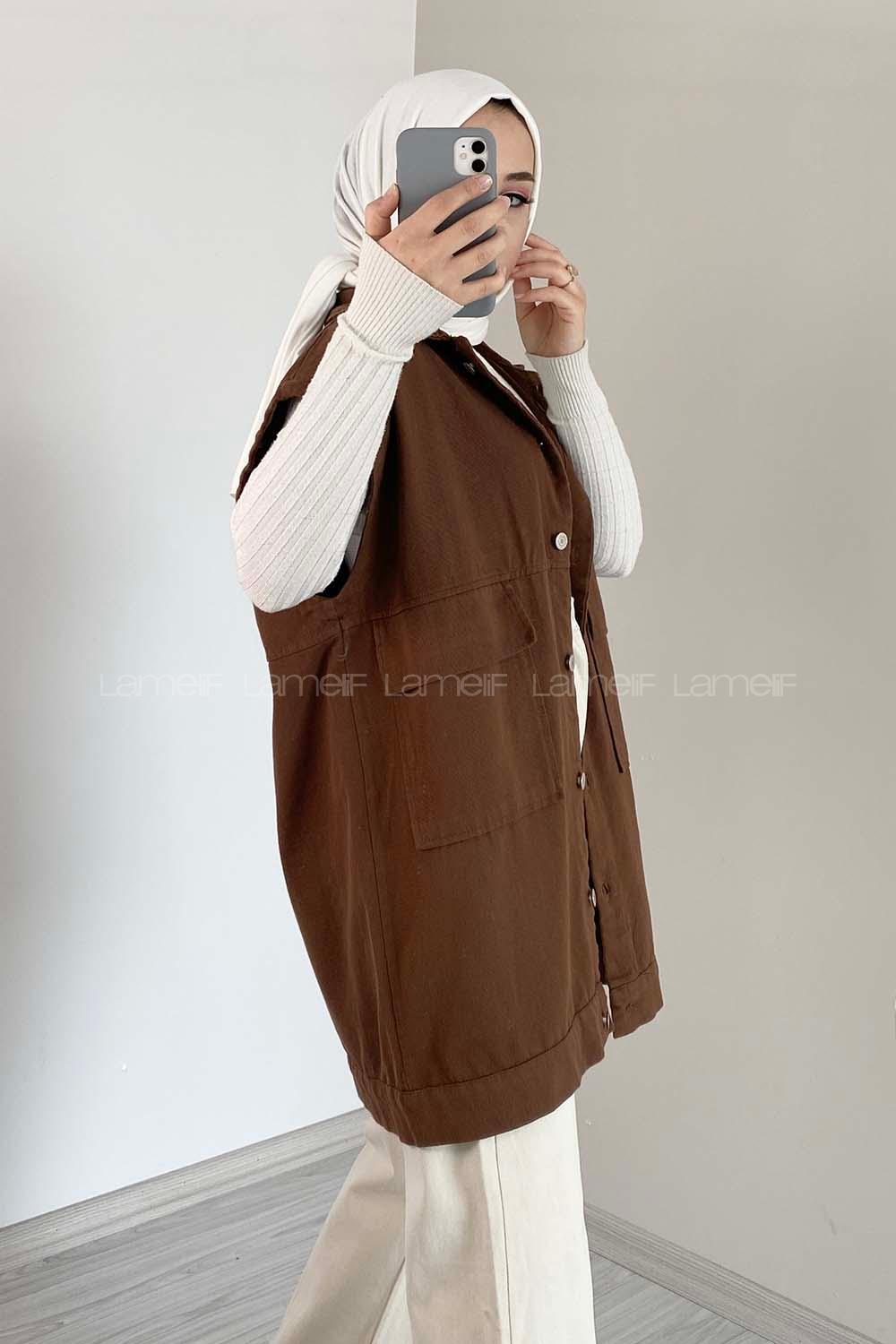 Modalamelif Çift Cepli Önü Düğmeli Yelek Acı Kahve