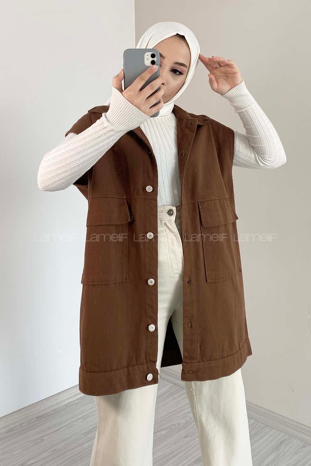 Modalamelif Çift Cepli Önü Düğmeli Yelek Acı Kahve