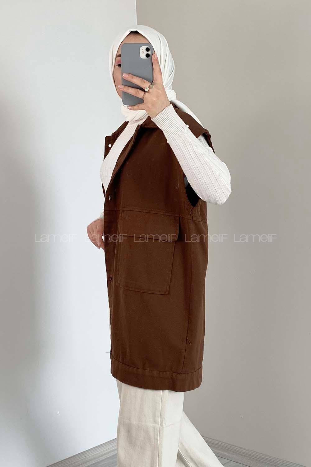 Modalamelif Çift Cepli Önü Düğmeli Yelek Acı Kahve