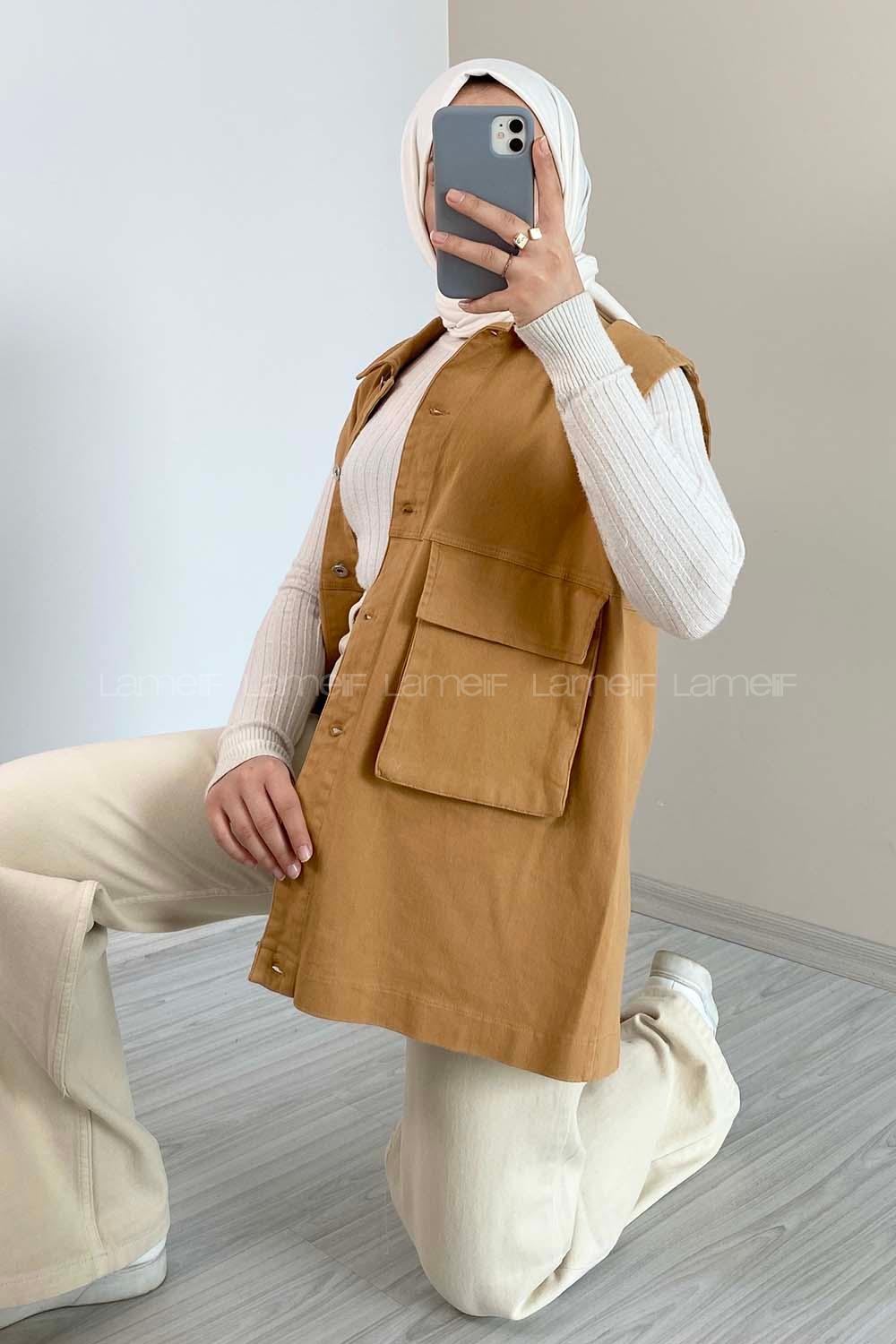 Modalamelif Çift Cepli Önü Düğmeli Yelek Camel