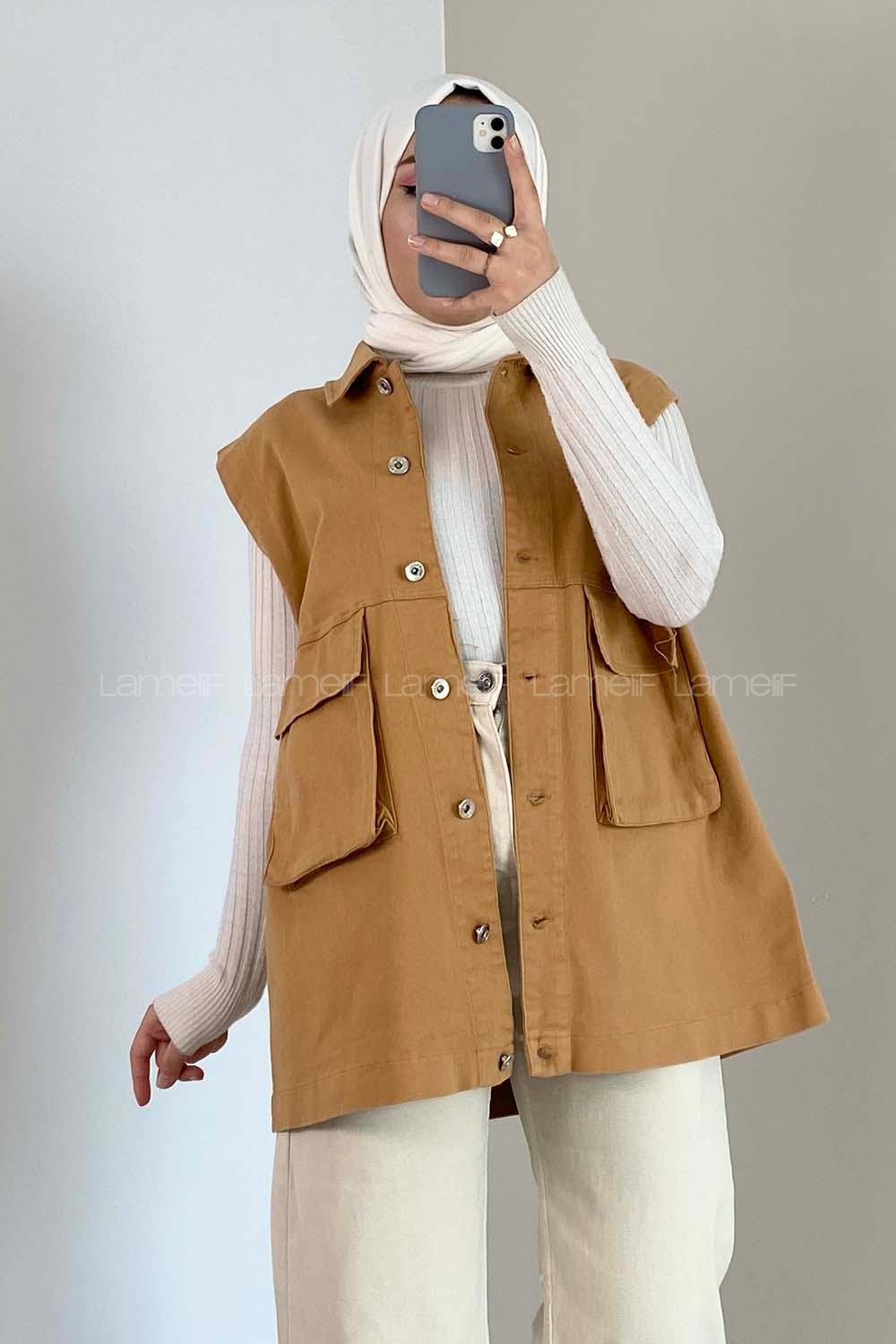 Modalamelif Çift Cepli Önü Düğmeli Yelek Camel