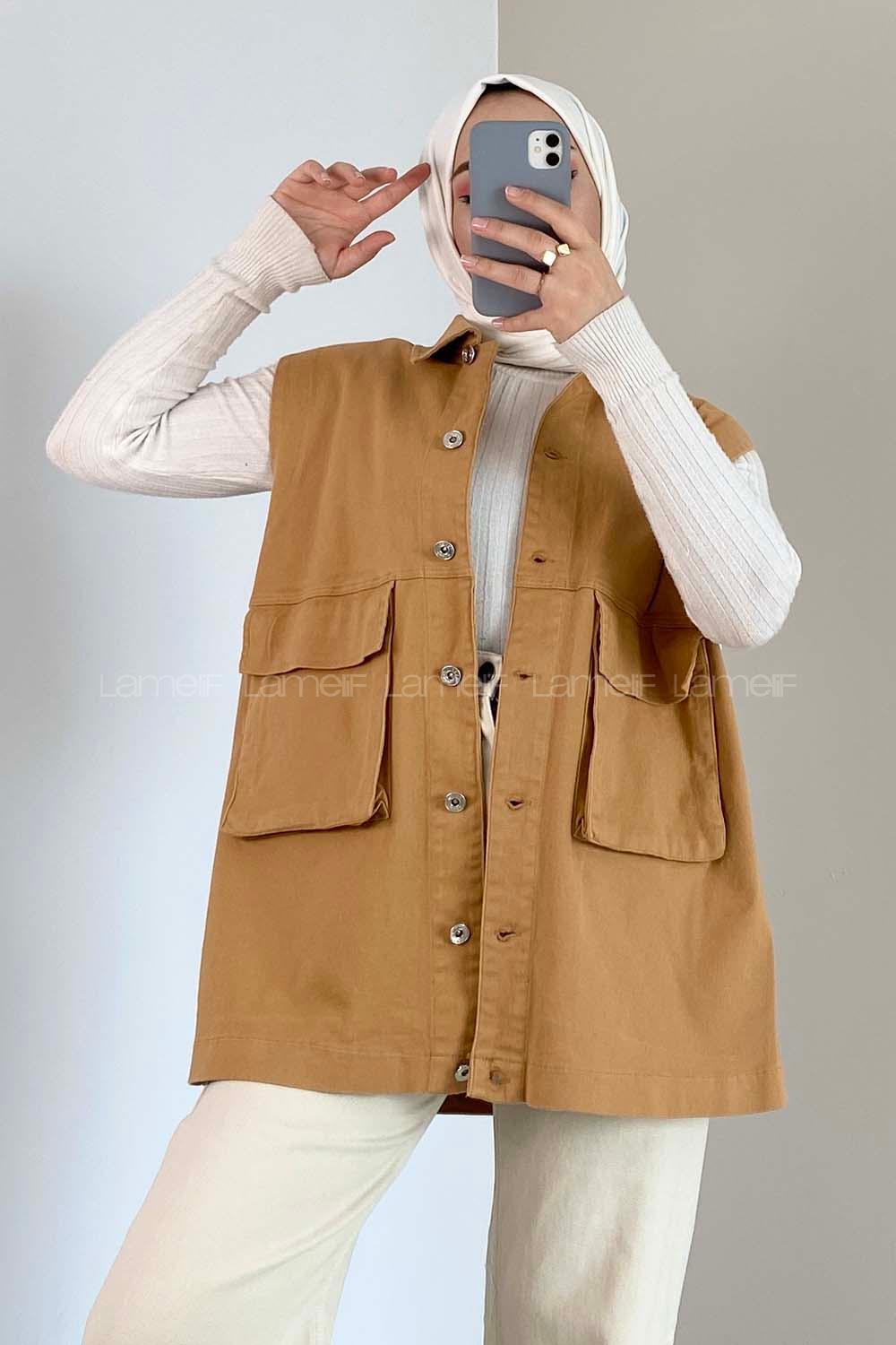 Modalamelif Çift Cepli Önü Düğmeli Yelek Camel