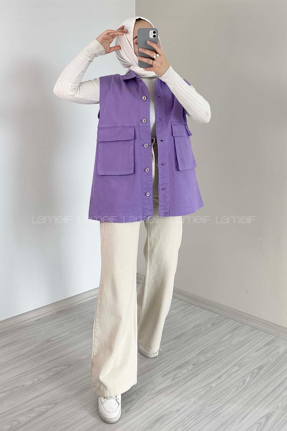 Modalamelif Çift Cepli Önü Düğmeli Yelek Mor