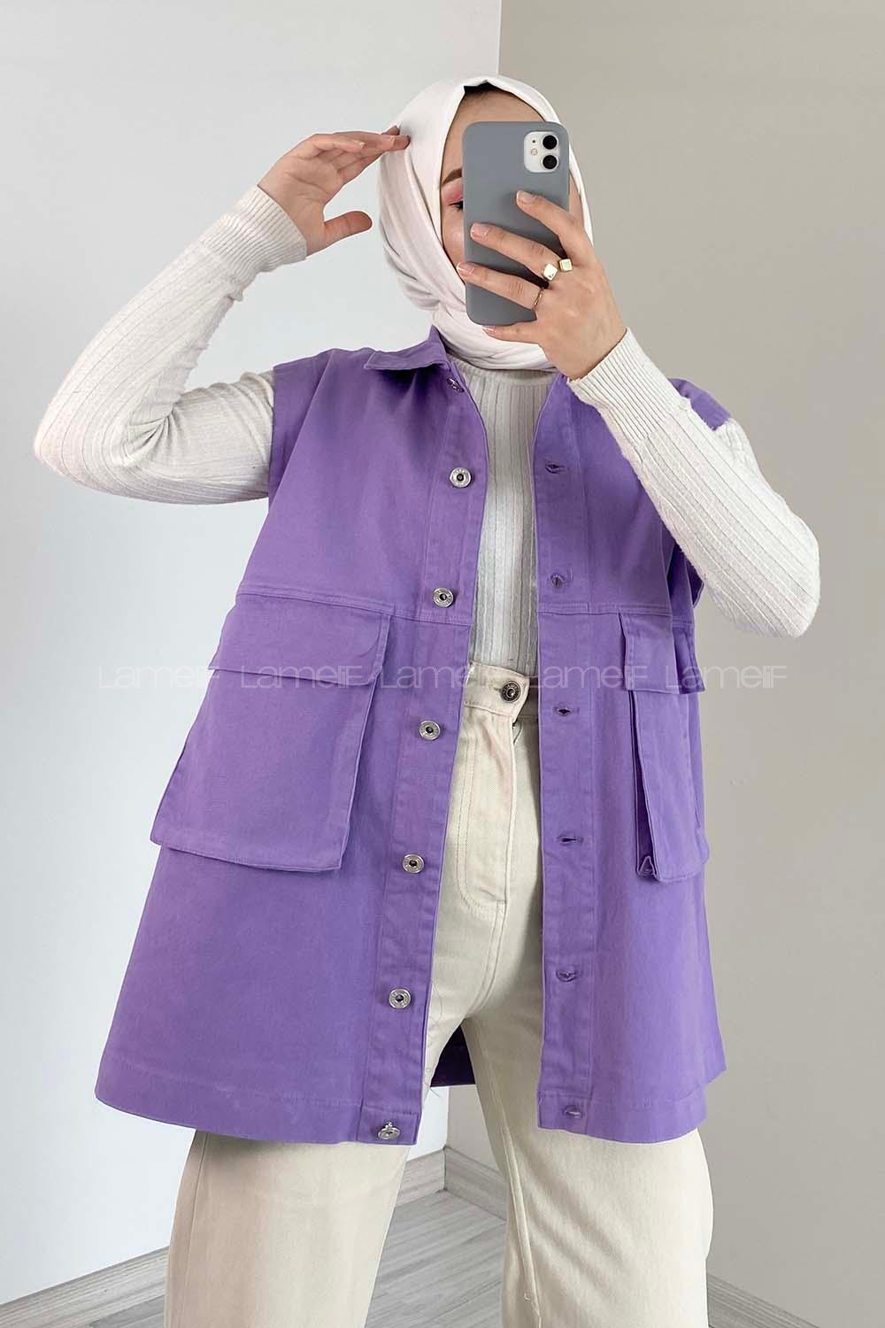 Modalamelif Çift Cepli Önü Düğmeli Yelek Mor