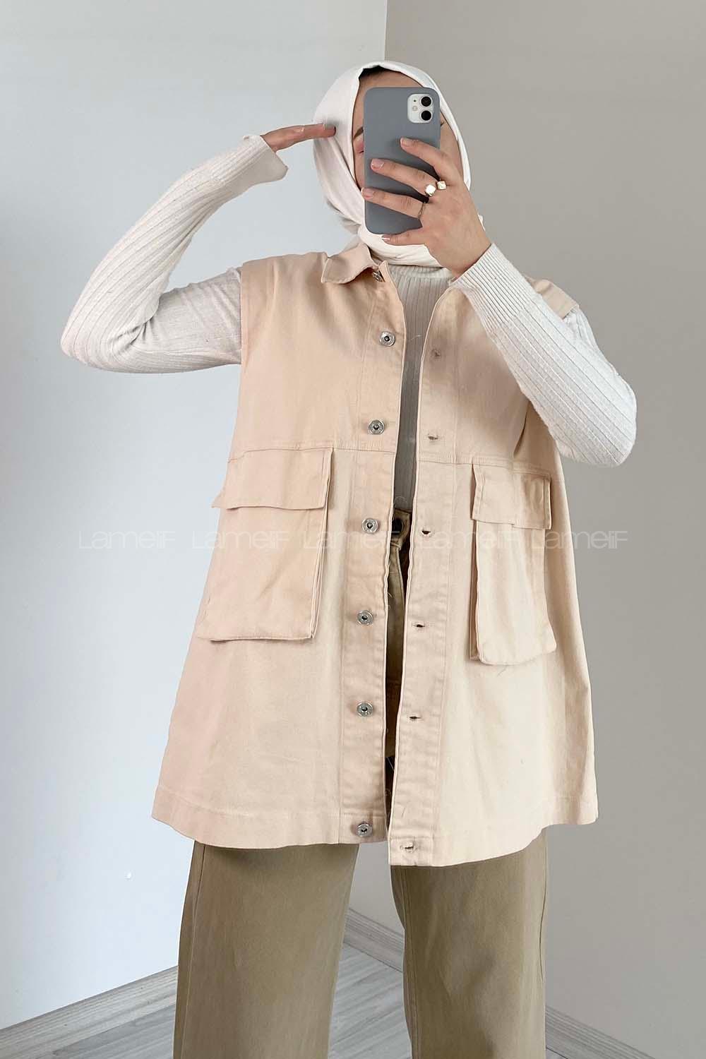 Modalamelif Çift Cepli Önü Düğmeli Yelek Taş Rengi