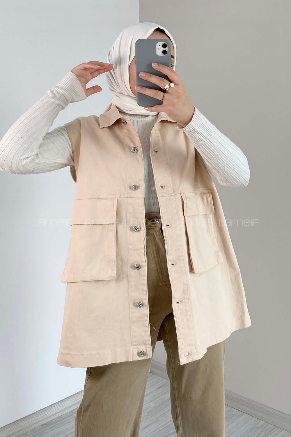 Modalamelif Çift Cepli Önü Düğmeli Yelek Taş Rengi