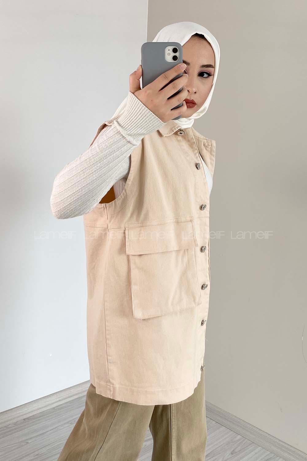 Modalamelif Çift Cepli Önü Düğmeli Yelek Taş Rengi