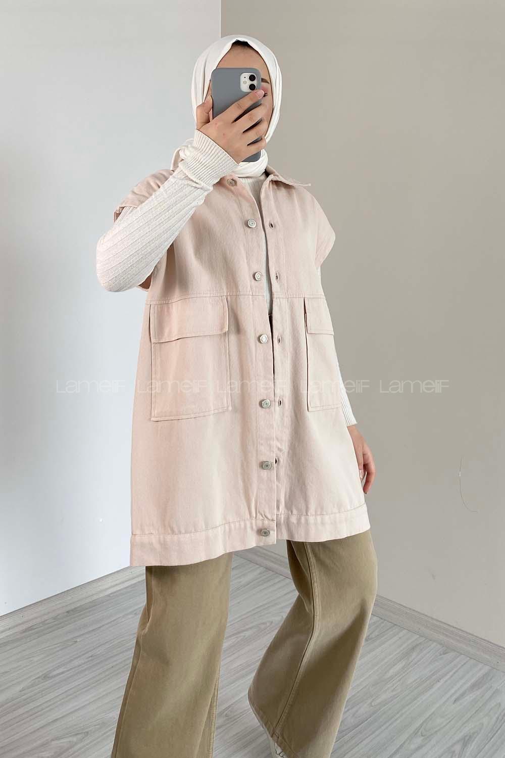 Modalamelif Çift Cepli Önü Düğmeli Yelek Taş Rengi