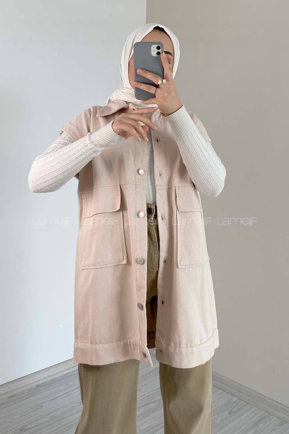 Modalamelif Çift Cepli Önü Düğmeli Yelek Taş Rengi