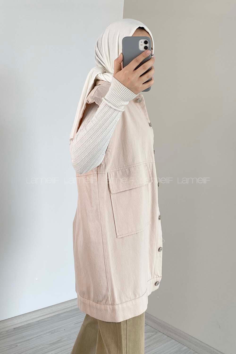 Modalamelif Çift Cepli Önü Düğmeli Yelek Taş Rengi