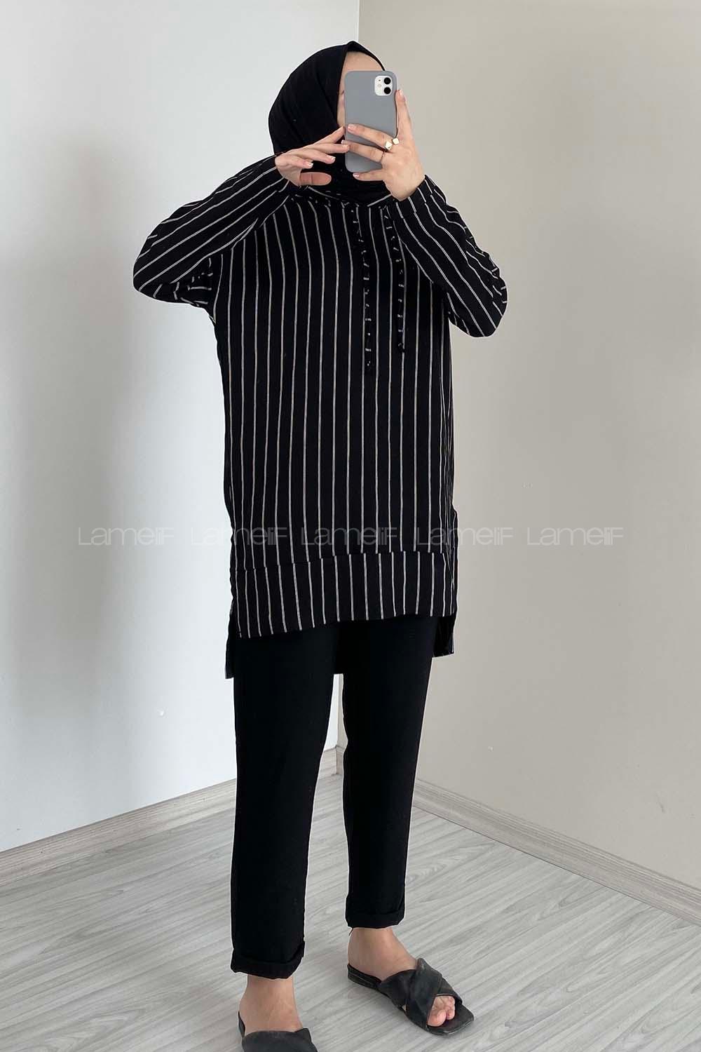 Modalamelif Çizgili İkili Takım Siyah