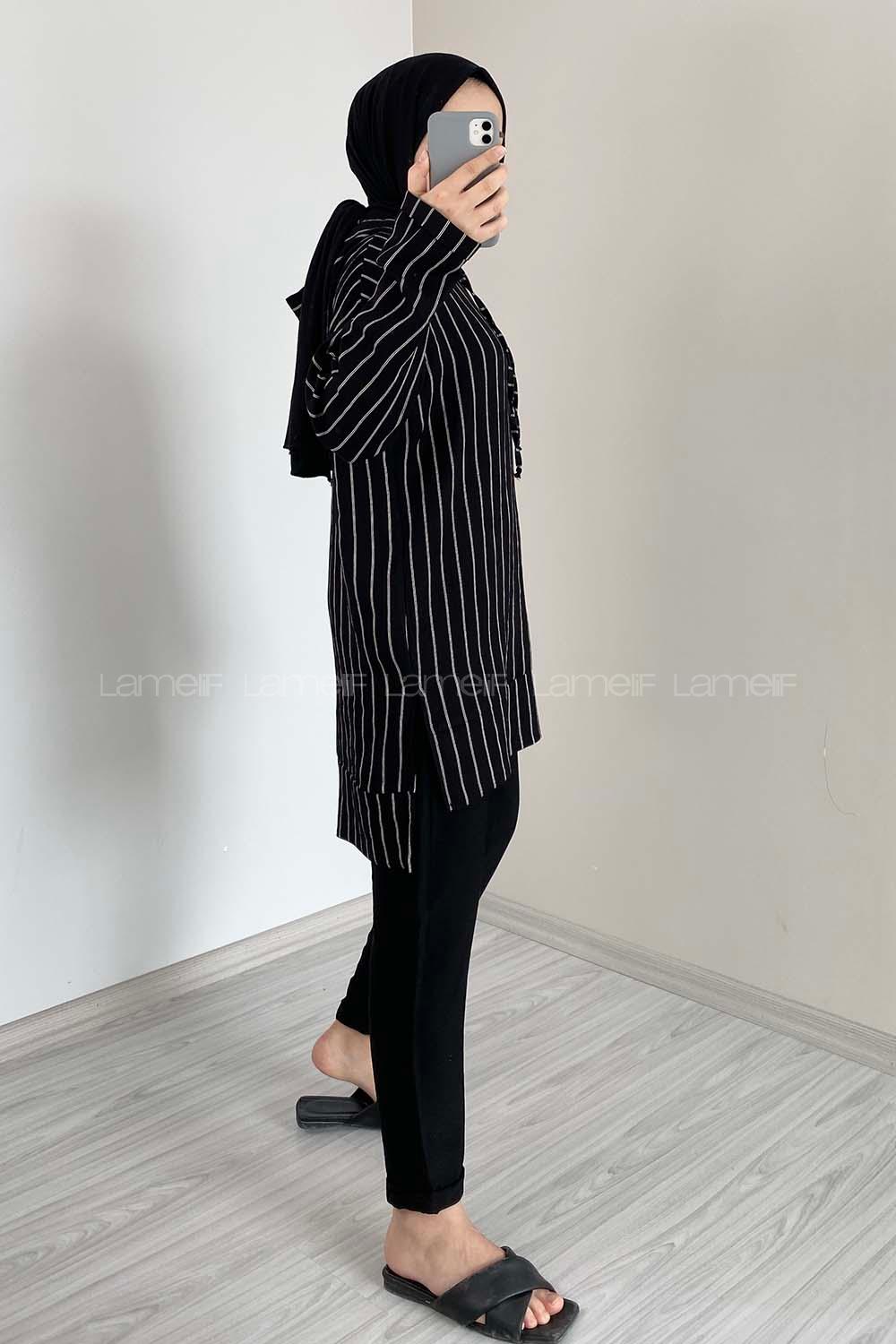 Modalamelif Çizgili İkili Takım Siyah