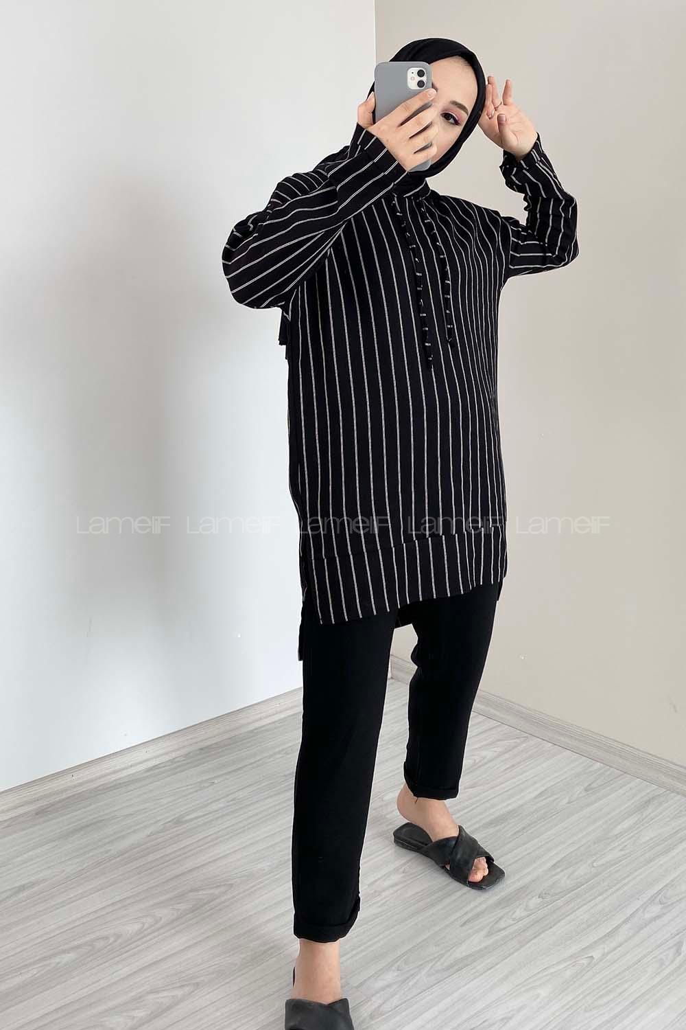 Modalamelif Çizgili İkili Takım Siyah