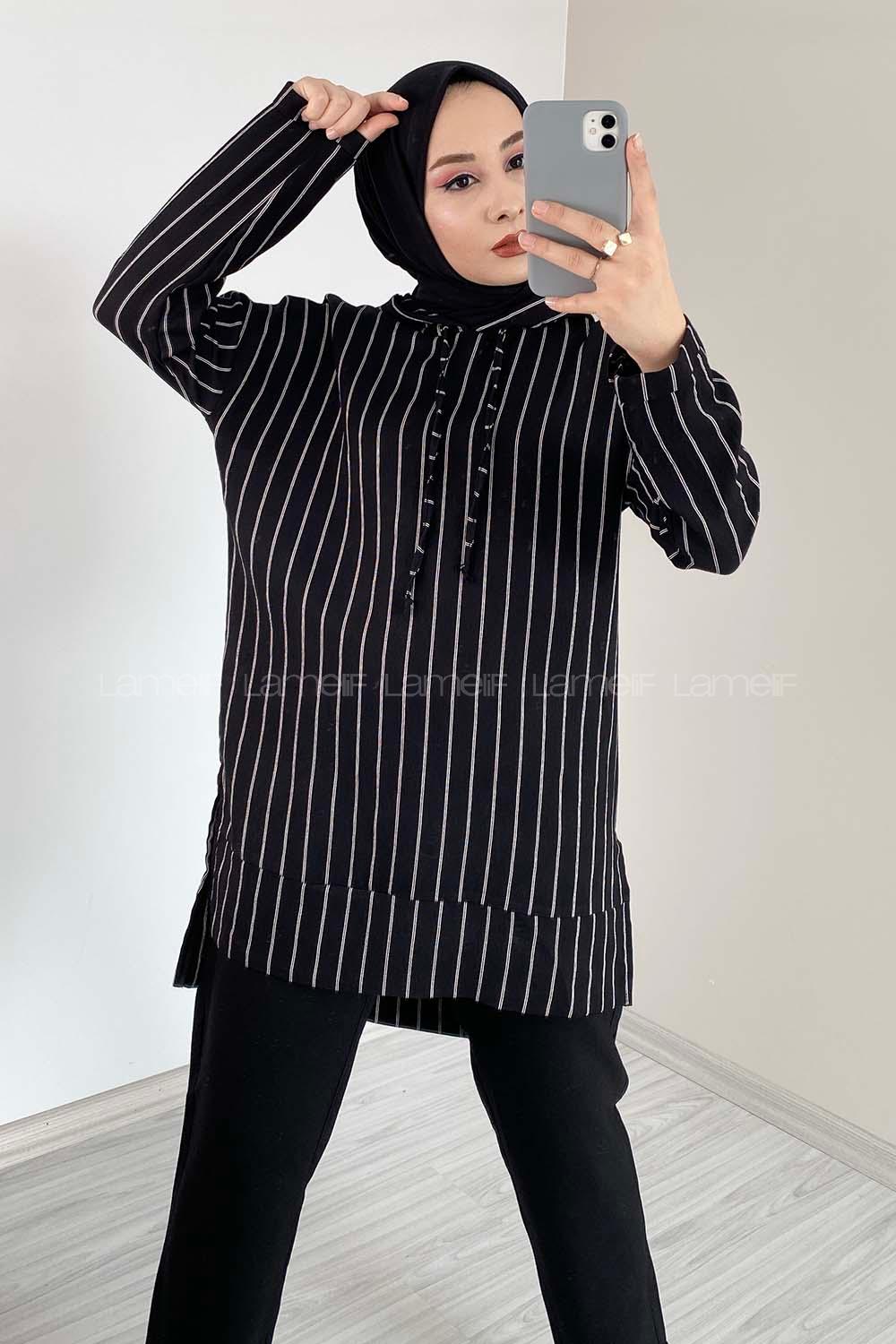 Modalamelif Çizgili İkili Takım Siyah