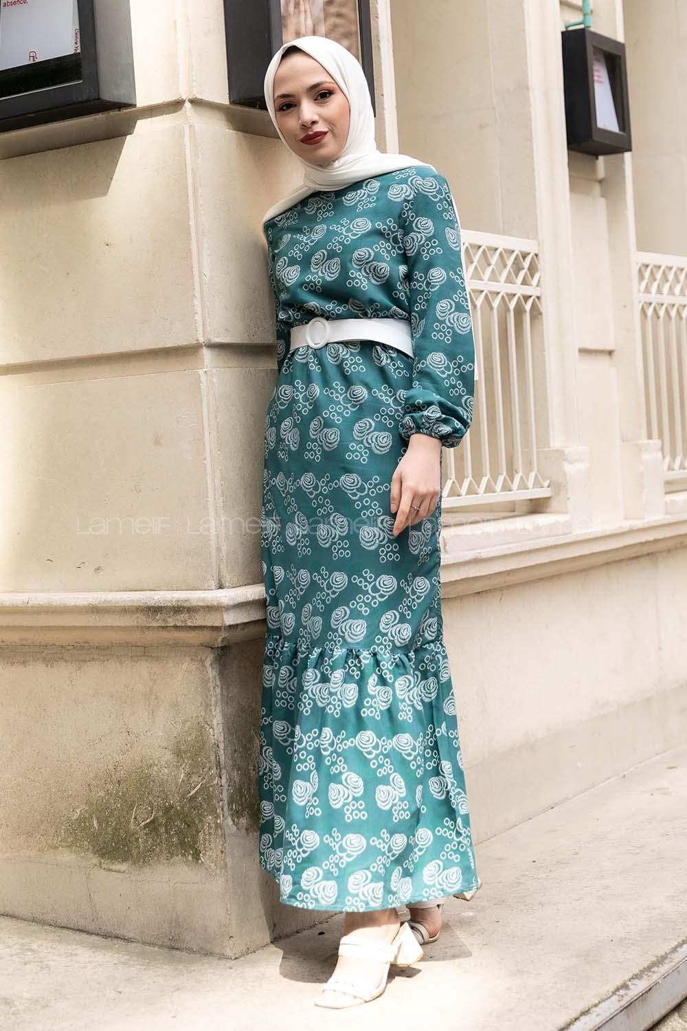 Modalamelif Deri Kemerli Desenli Elbise Pastel Yeşili