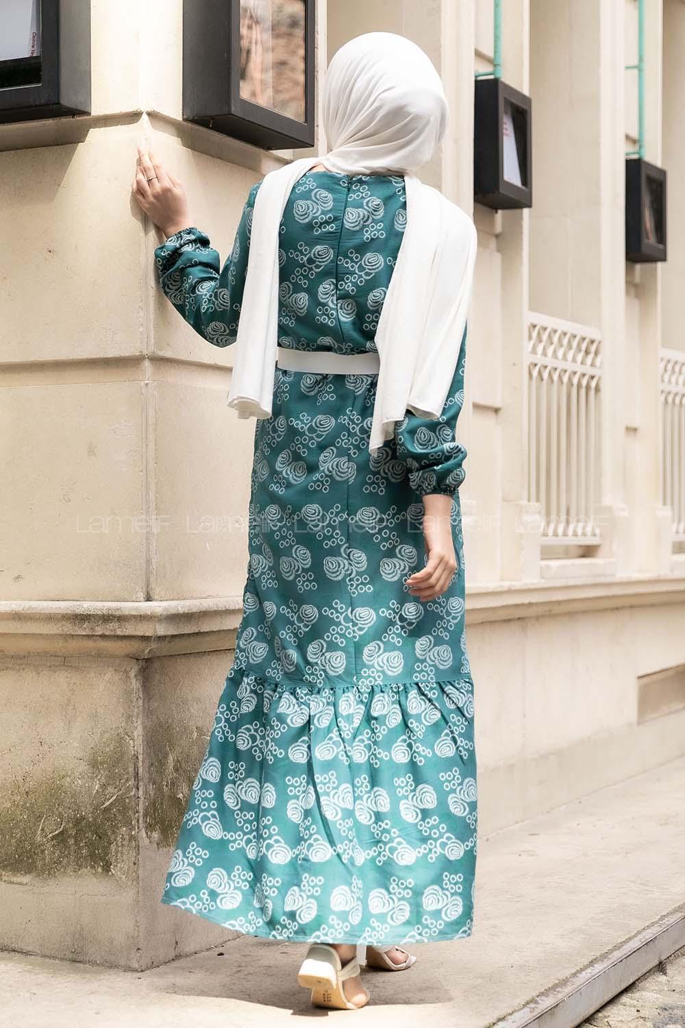 Modalamelif Deri Kemerli Desenli Elbise Pastel Yeşili