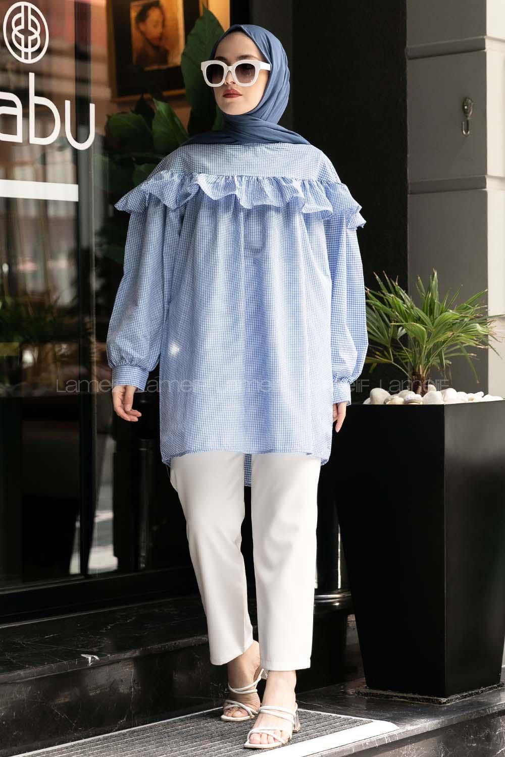 Modalamelif Ekose Büzgülü Tunik Açık Mavi