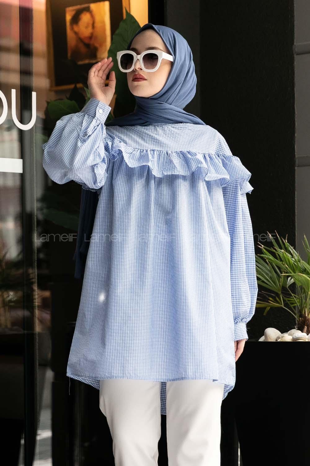 Modalamelif Ekose Büzgülü Tunik Açık Mavi