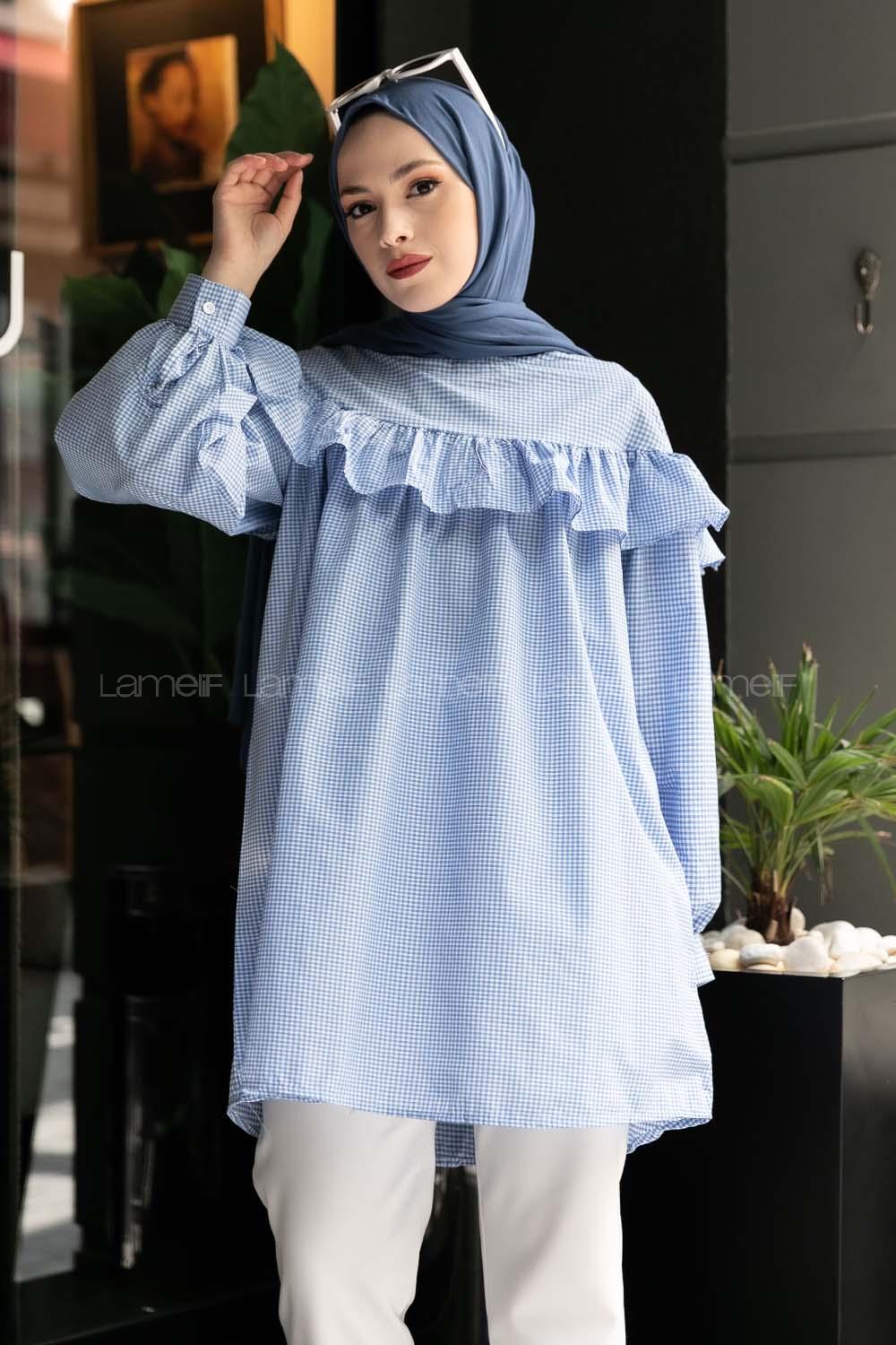 Modalamelif Ekose Büzgülü Tunik Açık Mavi