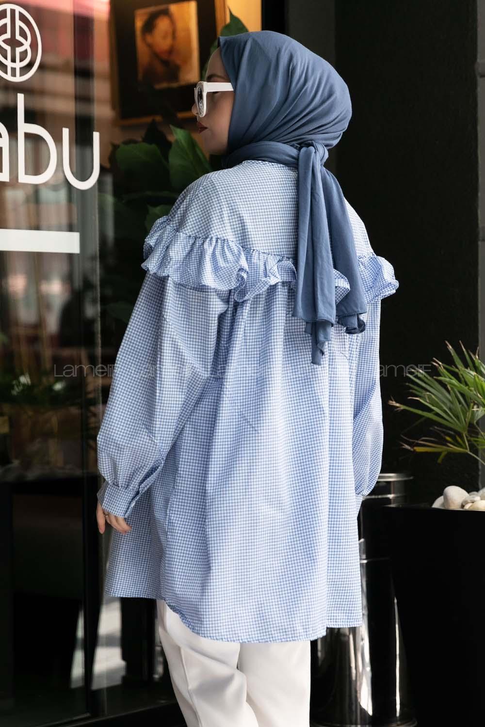 Modalamelif Ekose Büzgülü Tunik Açık Mavi