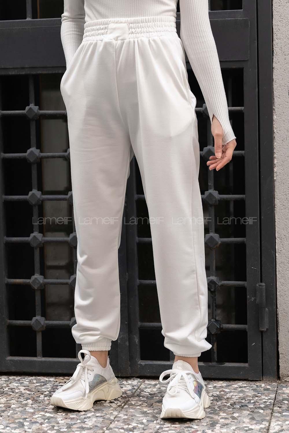 Modalamelif Geniş Kemerli Paça Lastikli Eşofman Ekru