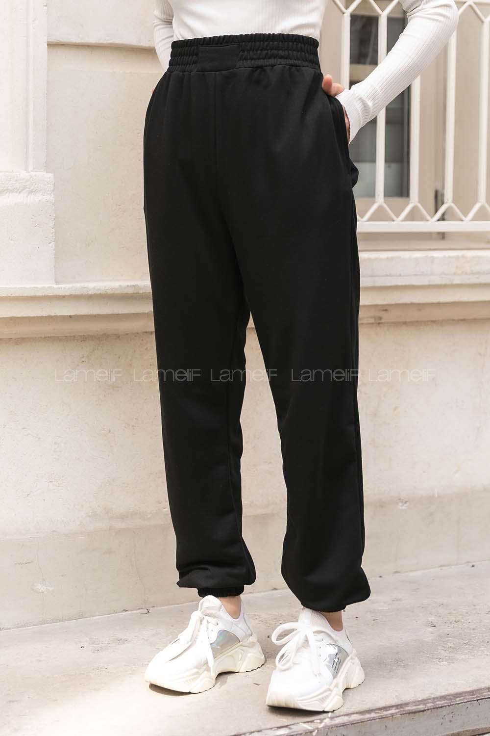 Modalamelif Geniş Kemerli Paça Lastikli Eşofman Siyah