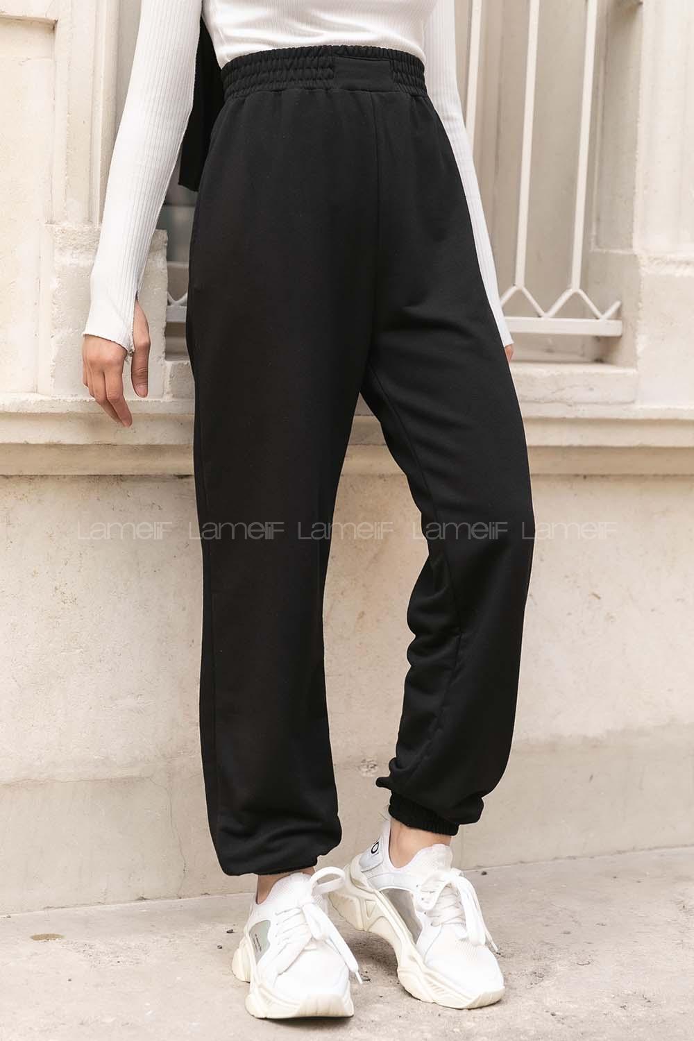 Modalamelif Geniş Kemerli Paça Lastikli Eşofman Siyah