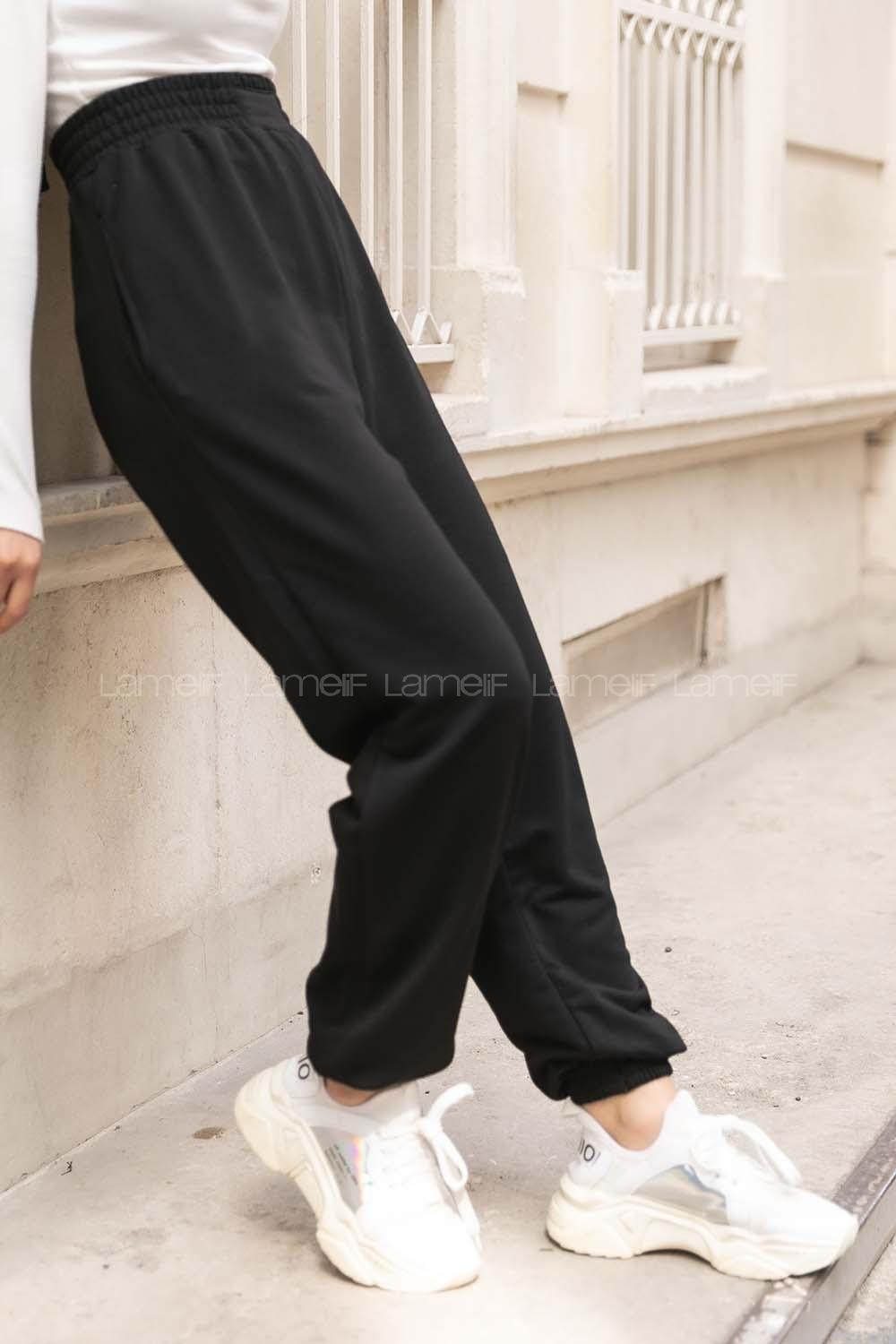 Modalamelif Geniş Kemerli Paça Lastikli Eşofman Siyah