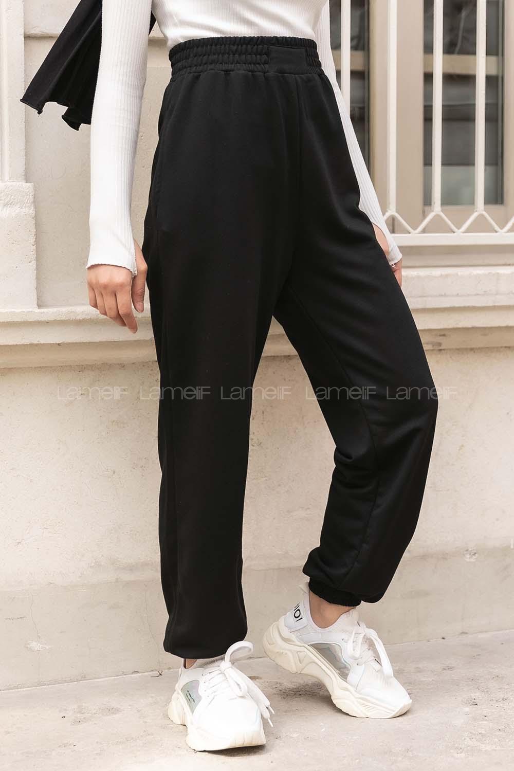 Modalamelif Geniş Kemerli Paça Lastikli Eşofman Siyah