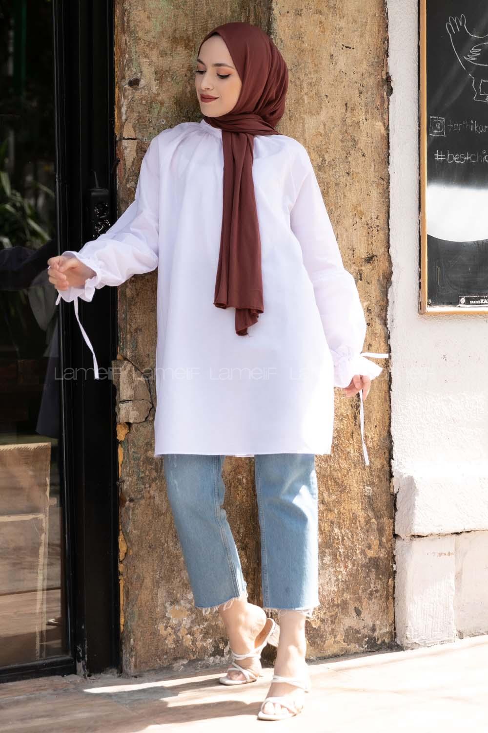 Modalamelif Hakim Yaka Kol Bağlamalı Tunik Beyaz