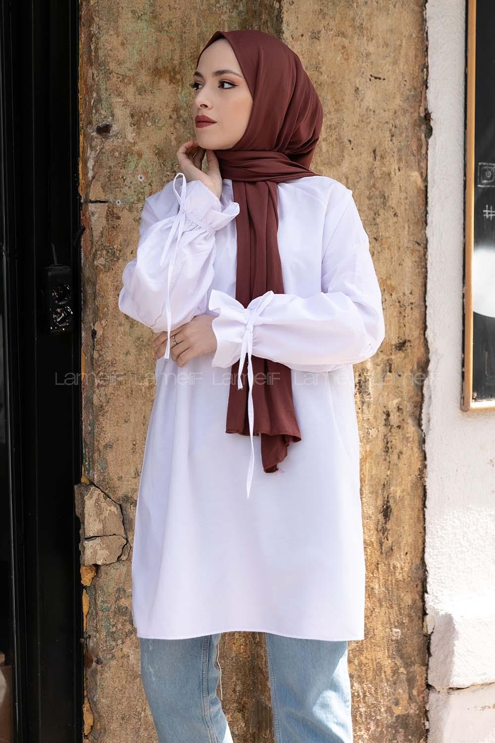 Modalamelif Hakim Yaka Kol Bağlamalı Tunik Beyaz