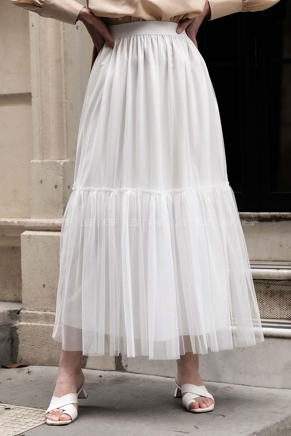 Modalamelif İçi Astarlı Tül Etek Beyaz