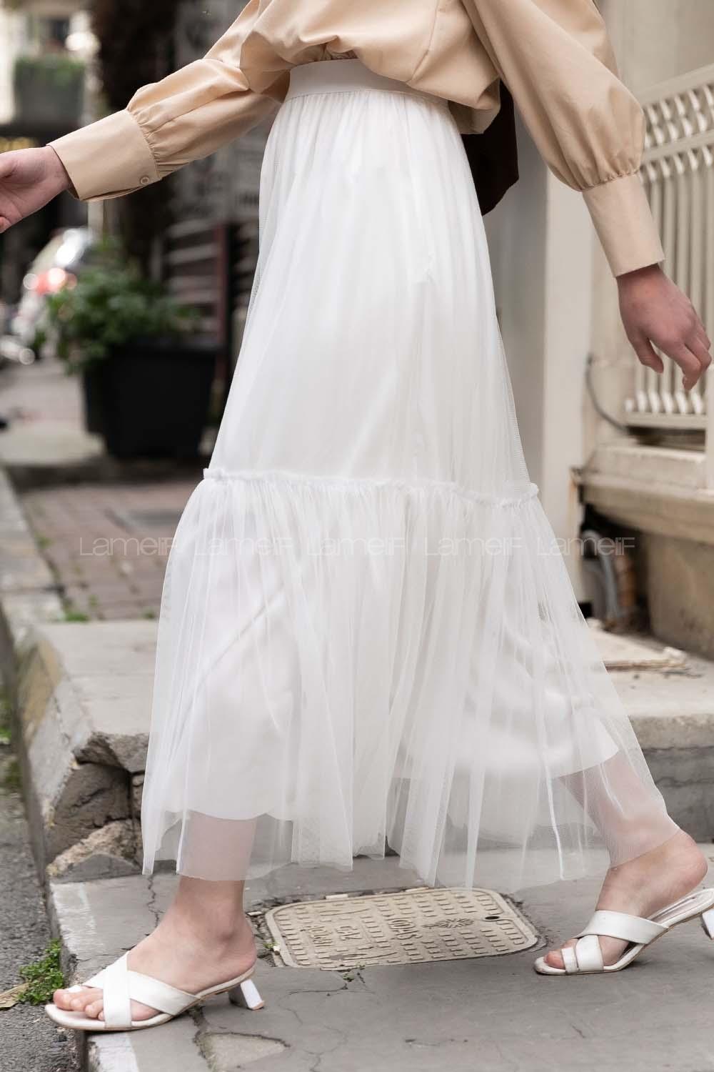 Modalamelif İçi Astarlı Tül Etek Beyaz