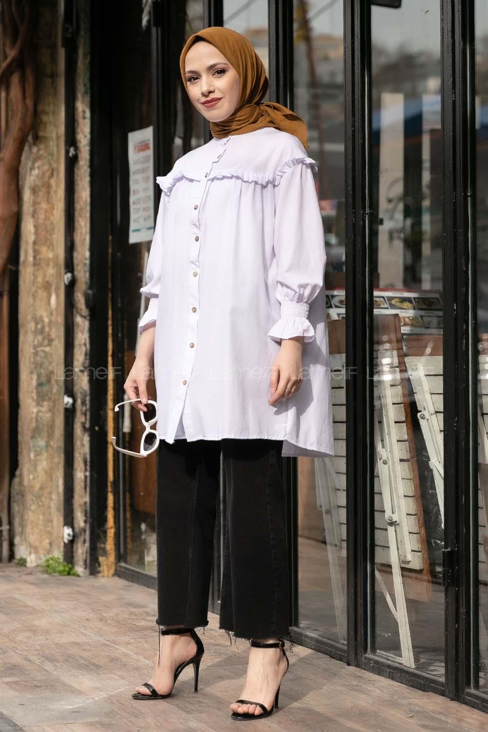 Modalamelif Kol Lastikli Fırfırlı Tunik Ekru