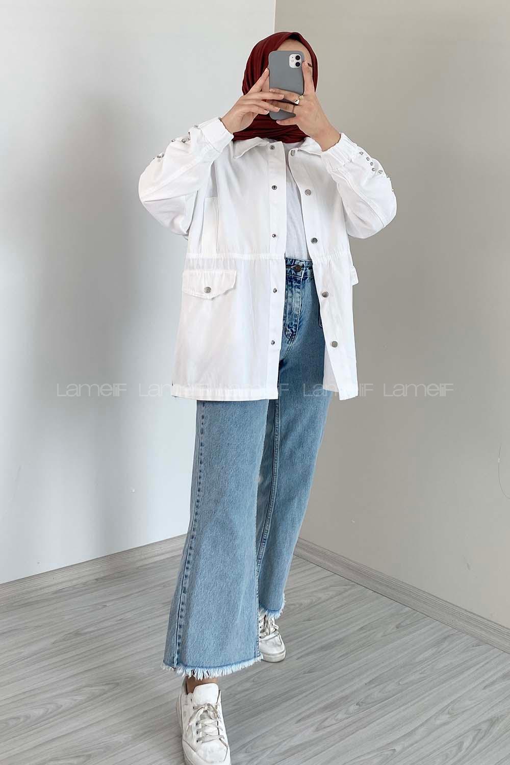 Modalamelif Kol Taş Detaylı Kot Ceket Beyaz