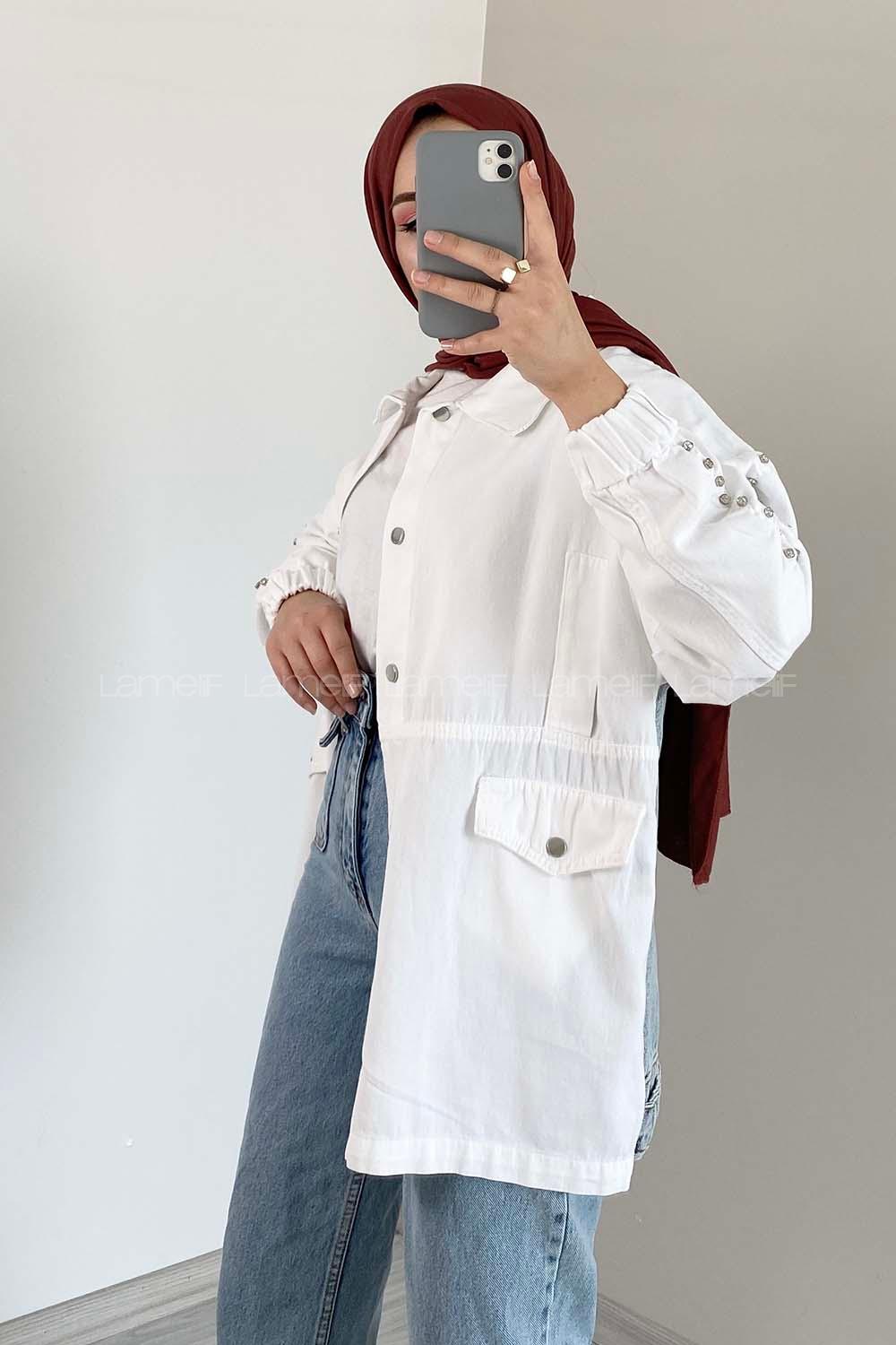 Modalamelif Kol Taş Detaylı Kot Ceket Beyaz