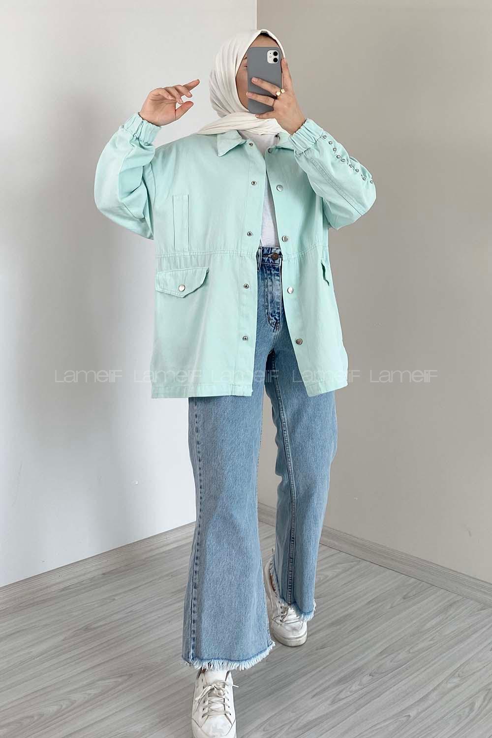 Modalamelif Kol Taş Detaylı Kot Ceket Mint Yeşili