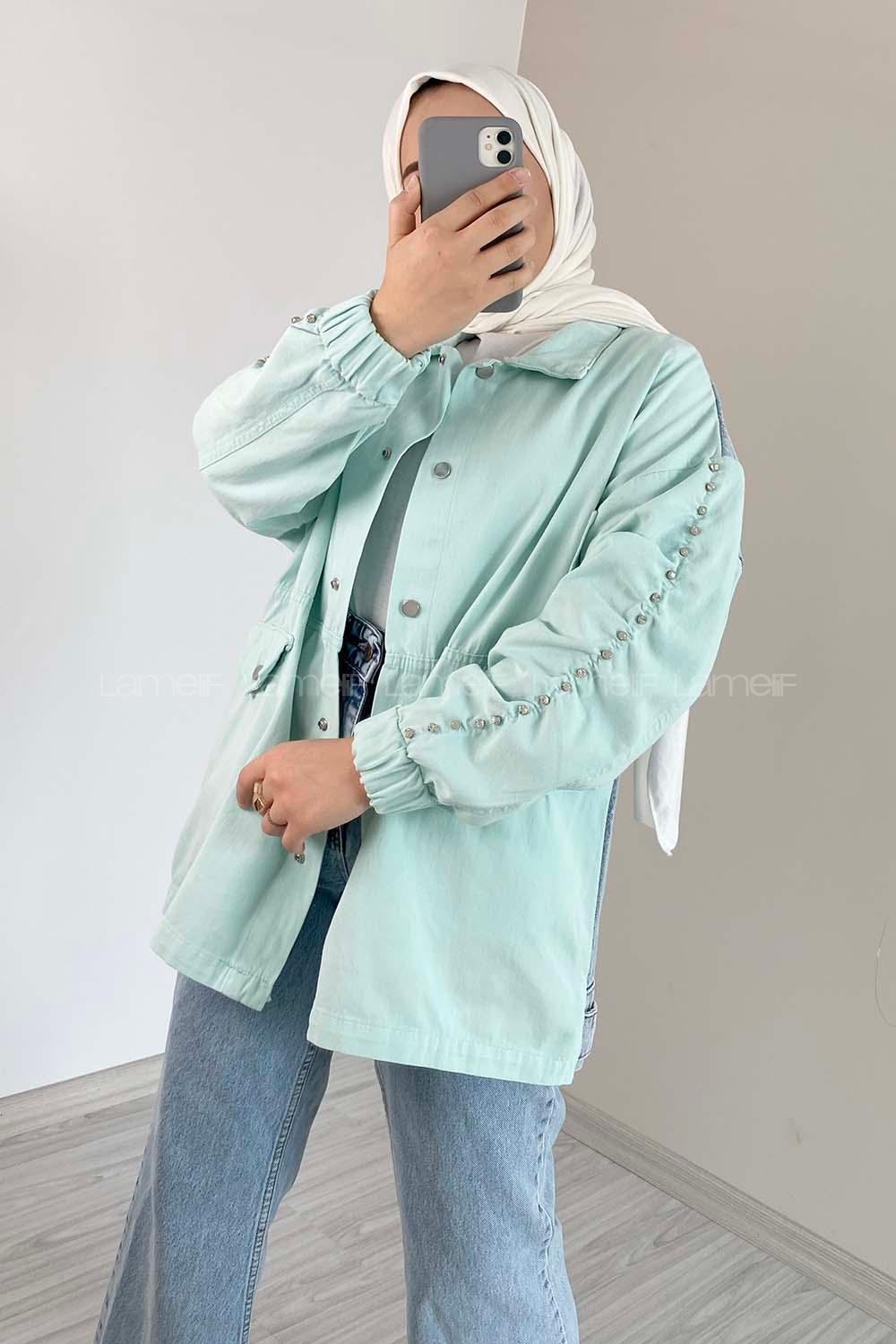 Modalamelif Kol Taş Detaylı Kot Ceket Mint Yeşili