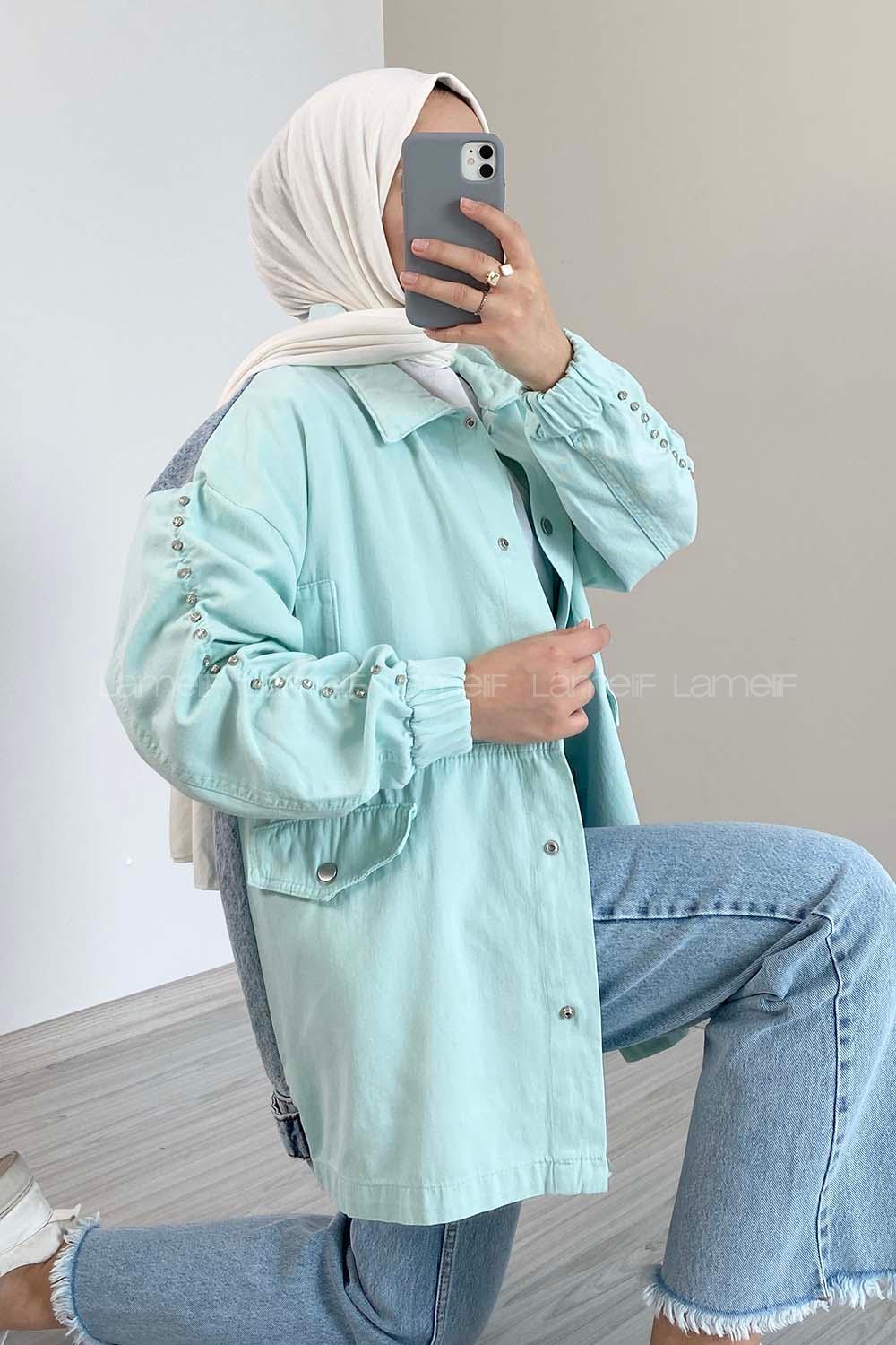 Modalamelif Kol Taş Detaylı Kot Ceket Mint Yeşili