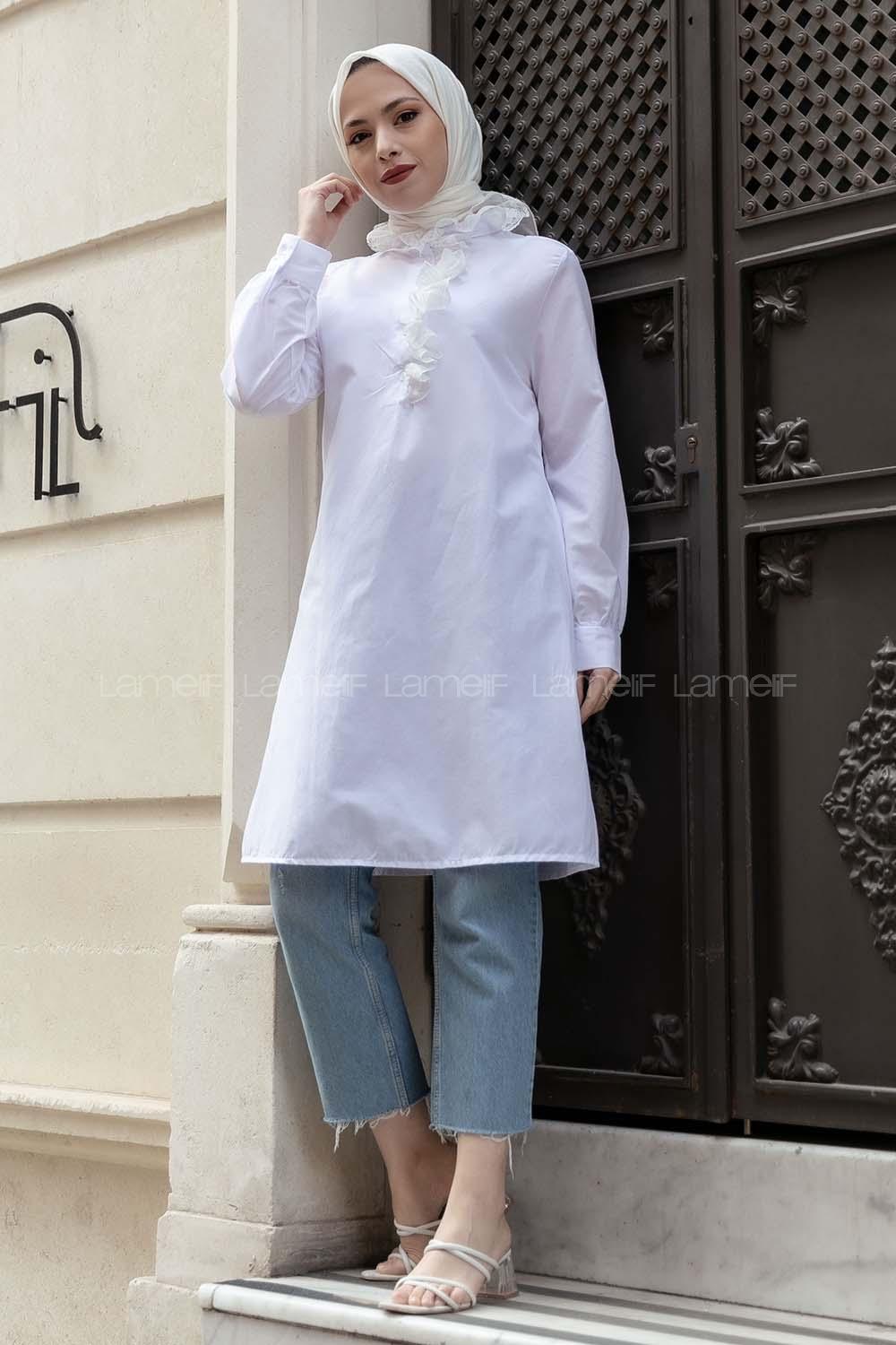 Modalamelif Yaka Dantel Detaylı Gömlek Ekru
