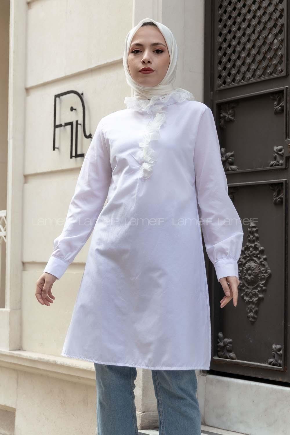 Modalamelif Yaka Dantel Detaylı Gömlek Ekru