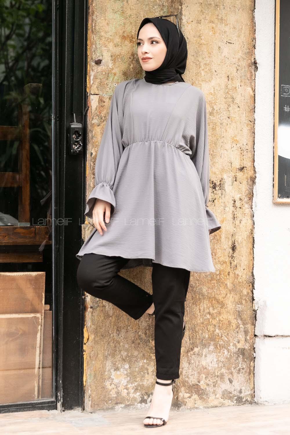 Modalamelif Balon Kol Ayrobin Tunik Gri